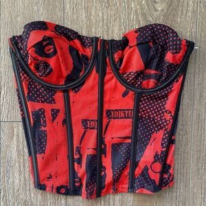 Edikted Aly Strapless Corset Red & Black Graphic Print Cropped Top